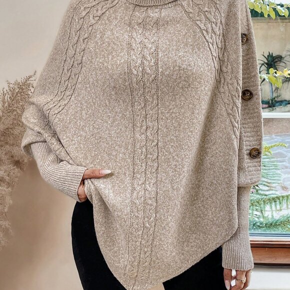 Apricot Casual Women's Turtleneck Batwing Sleeve Button Detail Cable Knit Poncho - Picture 6 of 7